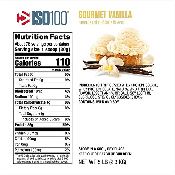 Dymatize Nutrition ISO 100 5 lbs Whey Protein Powder with Hydrolyzed 100% Whey Protein Isolate, Gluten Free, Fast Digestion, Gourmet Vanilla, 2.26 Kg
