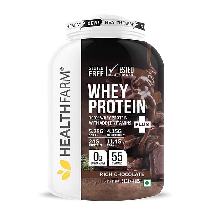 HEALTHFARM Whey protein plus with added vitamins|58 SERVINGS|24 G PROTEIN PER SERVING|5.29G BCAA|4.15G GLUTAMINE|Build Lean and Bigger Muscles (RICH CHOCOLATE, 2KG)