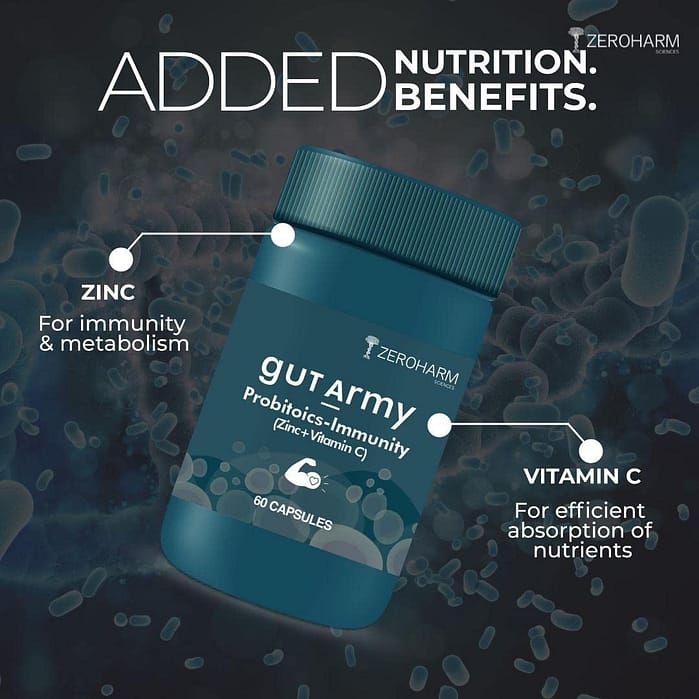 PROBIOTICS+PREBIOTICS, FOR IMMUNITY: Gut Army, probiotic + prebiotic oral supplement is designed to deliver optimum gut health & immunity. Helps boost gut & overall immunity, repair antibiotic side-effects, increase nutrient absorption, fight digestive issues, inflammation and antioxidant.